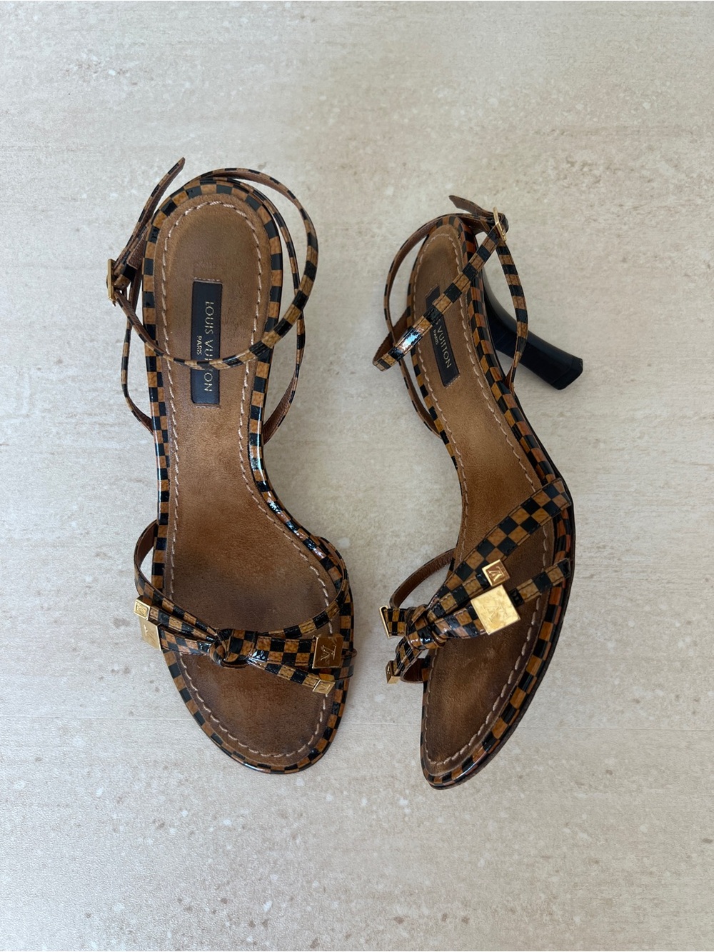 Vintage Louis Vuitton Damier Brown Checkered Strappy Sandals with Gold Accents - Picture 3 of 9